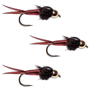3 Pack Barbless Bead Head Red Copper John Nymph Fly Fishing Flies - Hook Size 12 - Hazy Fly Fishing