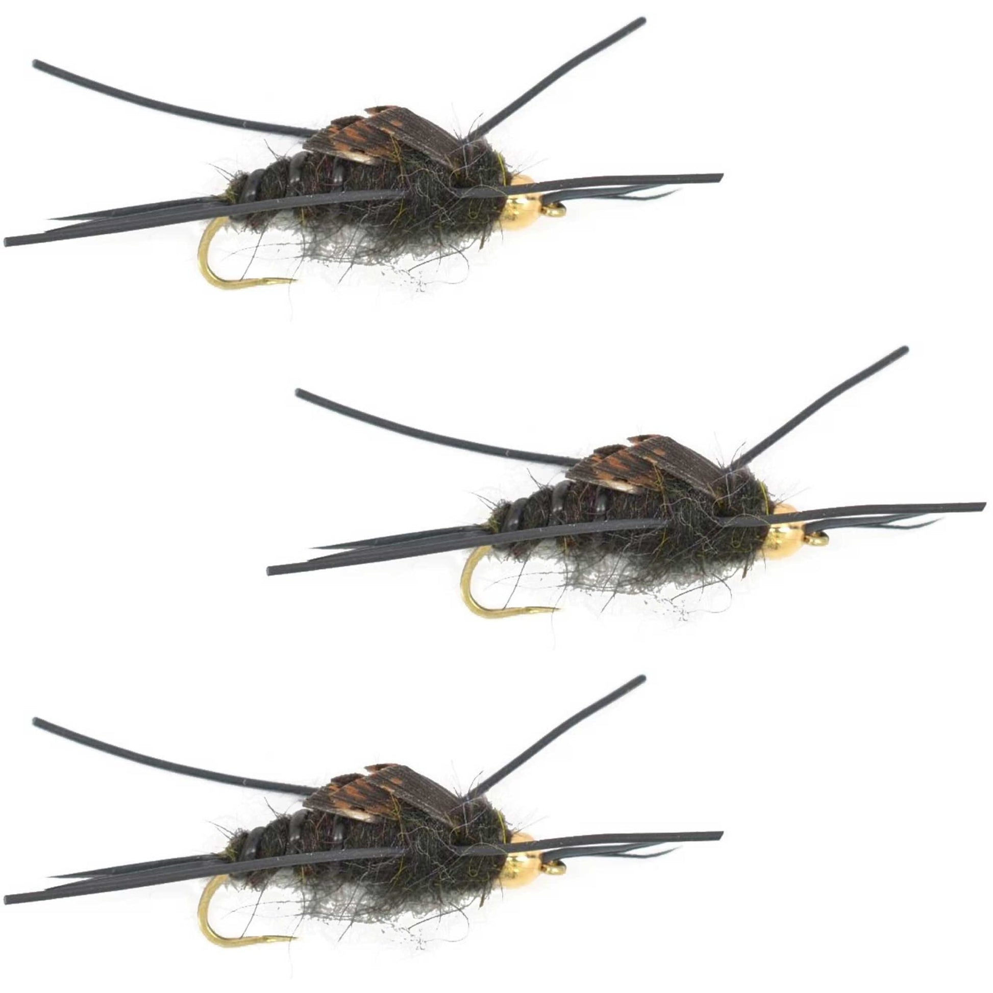 3 Pack Barbless Gold Bead Kaufmann's Black Stone Fly with Rubber Legs - Stonefly Wet Fly - Hook Size 10 - Hazy Fly Fishing