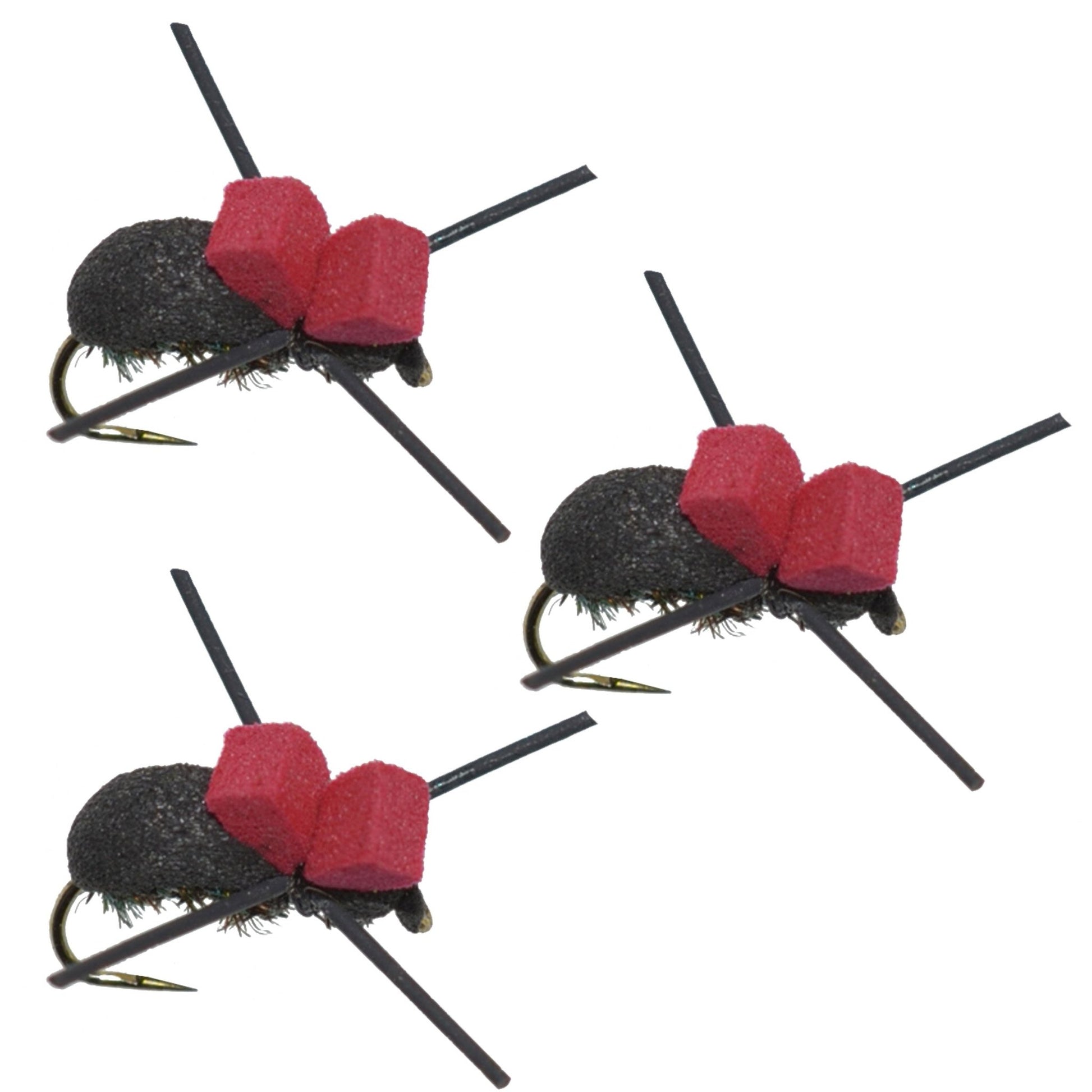 3 Pack Barbless Red Top Black Foam Beetle Terrestrial Trout Dry Fly Fishing Flies - Hook Size 14 - Hazy Fly Fishing