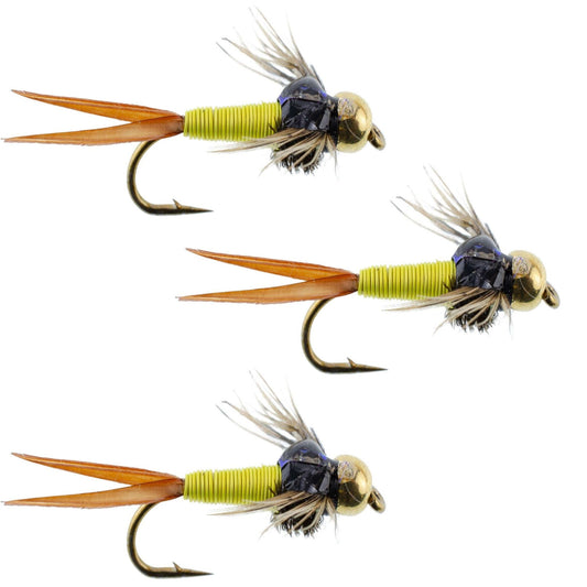 3 Pack Bead Head Hot Yellow Copper John Nymph - Fly Fishing Flies - Hook Size 10 - Hazy Fly Fishing