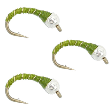 3 Pack Bead Head Olive Zebra Midge Still Water Nymph Fly Fishing Fly Hook Size 14 - Hazy Fly Fishing