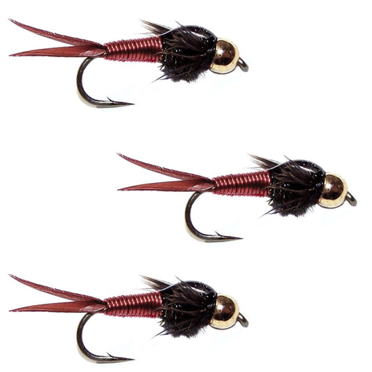 3 Pack Bead Head Red Copper John Nymph Fly Fishing Flies - Hook Size 12 - Hazy Fly Fishing