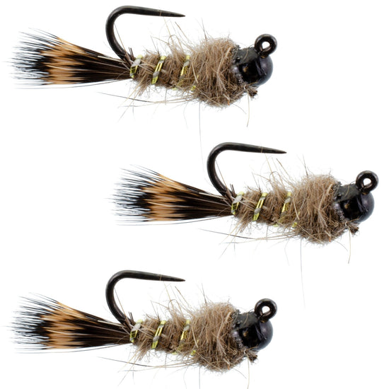 3 Pack Black Tungsten Bead Tactical Hares Ear Czech Nymph Euro Nymphing Fly - Hook Size 12 - Hazy Fly Fishing