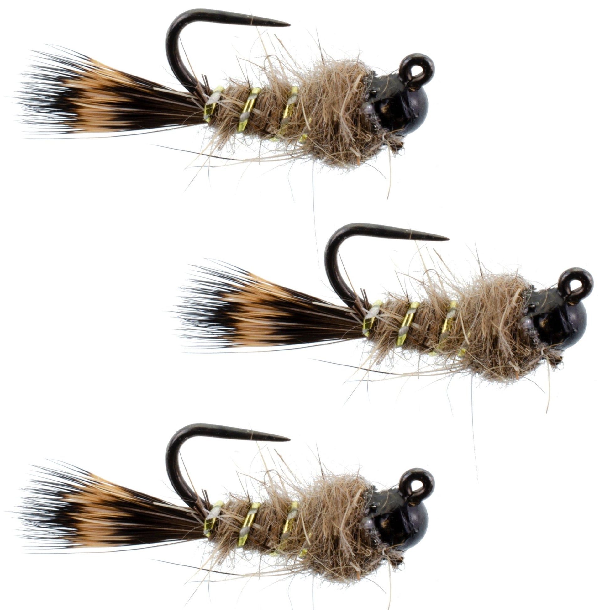 3 Pack Black Tungsten Bead Tactical Hares Ear Czech Nymph Euro Nymphing Fly - Hook Size 12 - Hazy Fly Fishing
