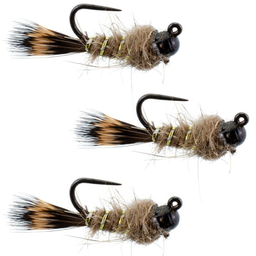 3 Pack Black Tungsten Bead Tactical Hares Ear Czech Nymph Euro Nymphing Fly - Hook Size 12 - Hazy Fly Fishing