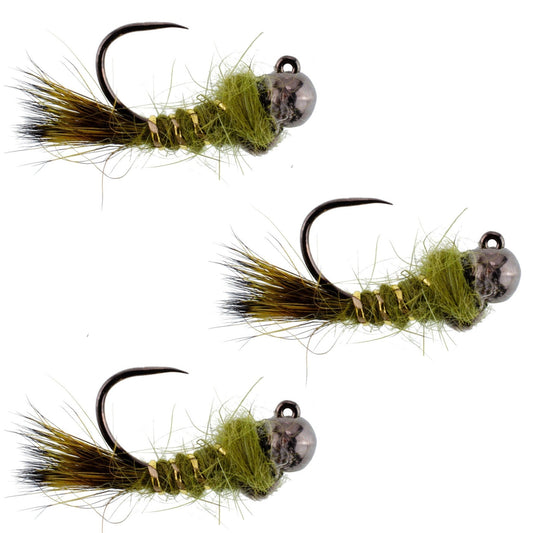 3 Pack Black Tungsten Bead Tactical Olive Hares Ear Czech Nymph Euro Nymphing Fly - Hook Size 14 - Hazy Fly Fishing