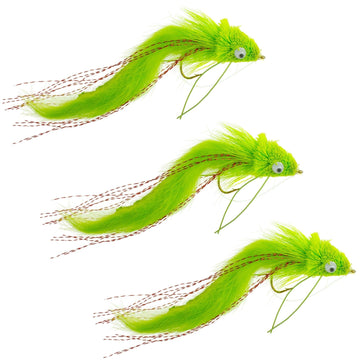 3 Pack Chartreuse Rabbit Strip Deer Hair Diver Size 4 - Bass Fly Fishing Bug Wide Gape Bass Hooks With Weed Guard - Hazy Fly Fishing