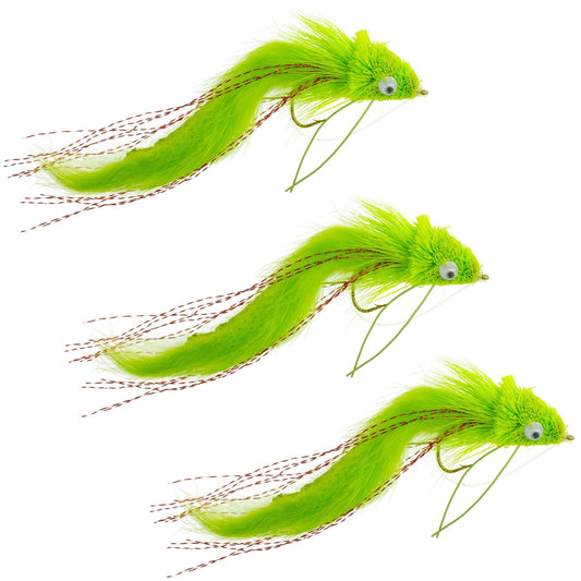 3 Pack Chartreuse Rabbit Strip Deer Hair Diver Size 4 - Bass Fly Fishing Bug Wide Gape Bass Hooks With Weed Guard - Hazy Fly Fishing