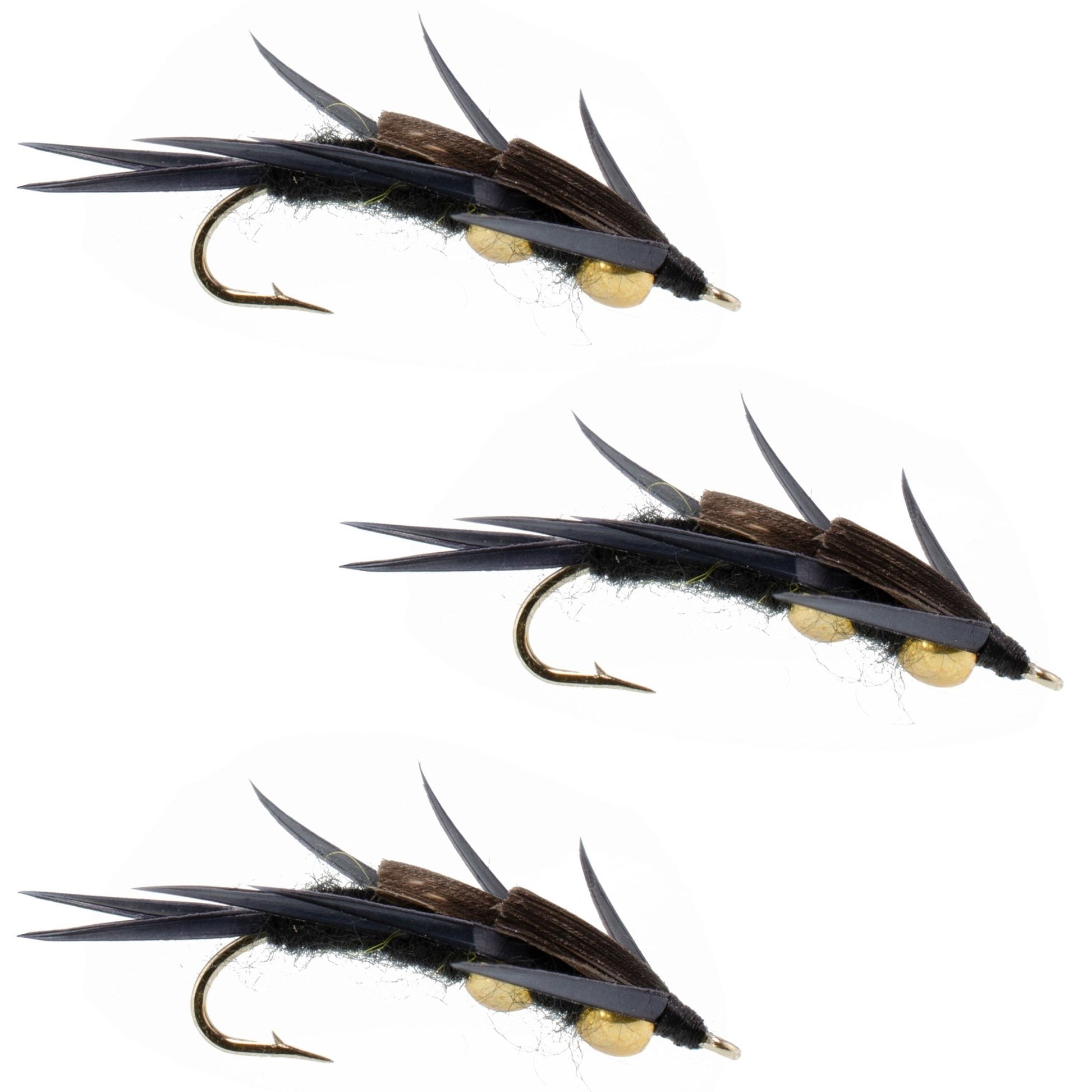 3 Pack Double Bead Black Stone Fly with Black Biot Legs - Stonefly Wet Fly - Hook Size 12 - Hazy Fly Fishing