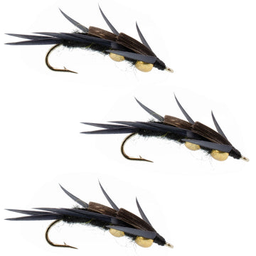 3 Pack Double Bead Black Stone Fly with Black Biot Legs - Stonefly Wet Fly - Hook Size 12 - Hazy Fly Fishing