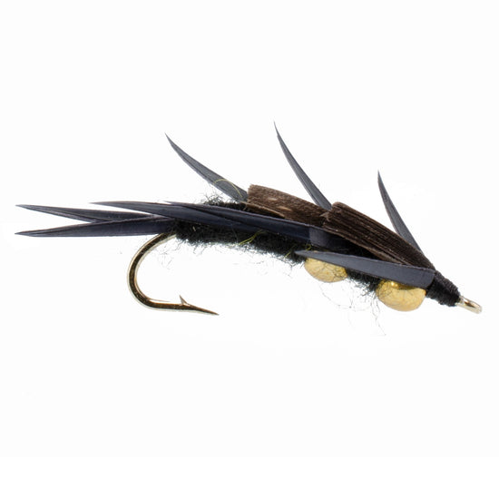 3 Pack Double Bead Black Stone Fly with Black Biot Legs - Stonefly Wet Fly - Hook Size 12 - Hazy Fly Fishing