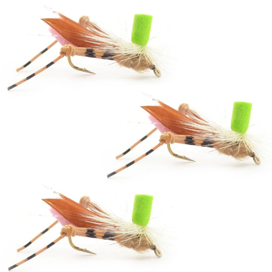 3 Pack Green Top Hopper Foam Body Grasshopper Fly - Hook Size 10 - Hazy Fly Fishing