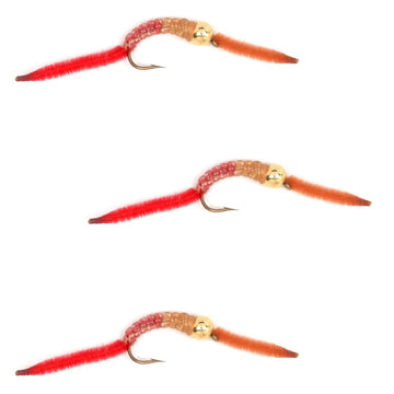 3 Pack San Juan Bead Head Power Worm Half Brown Half Red V - Rib - Hook Size 14 - Hazy Fly Fishing