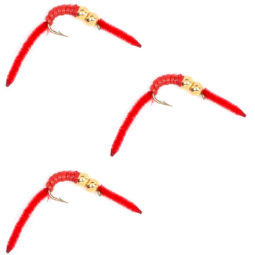 3 Pack San Juan Double Bead Power Worm Red V - Rib - Hook Size 12 - Hazy Fly Fishing