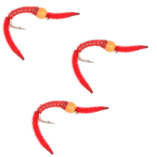 3 Pack San Juan Power Worm Hot Head Orange Bead Red V - Rib - Hook Size 14 - Hazy Fly Fishing