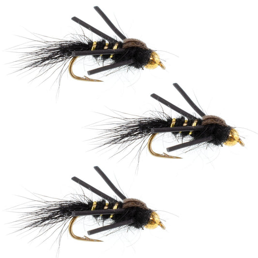 3 Pack Tungsten Bead Head Rubber Legs Black Gold - Ribbed Hare's Ear Trout Fly Nymph - Hook Size 16 - Hazy Fly Fishing