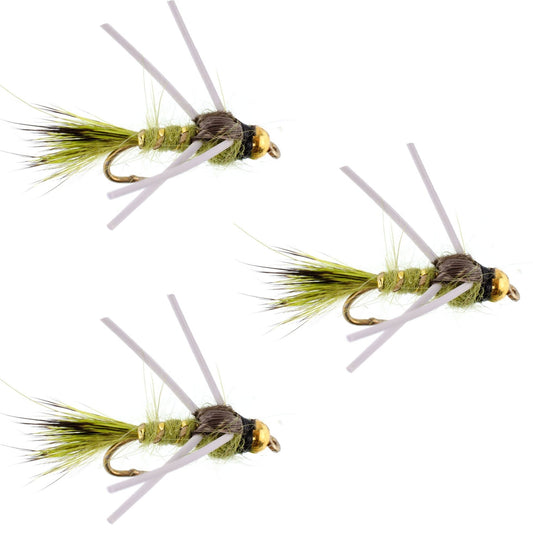 3 Pack Tungsten Bead Head Rubber Legs Olive Gold - Ribbed Hare's Ear Trout Fly Nymph - Hook Size 14 - Hazy Fly Fishing