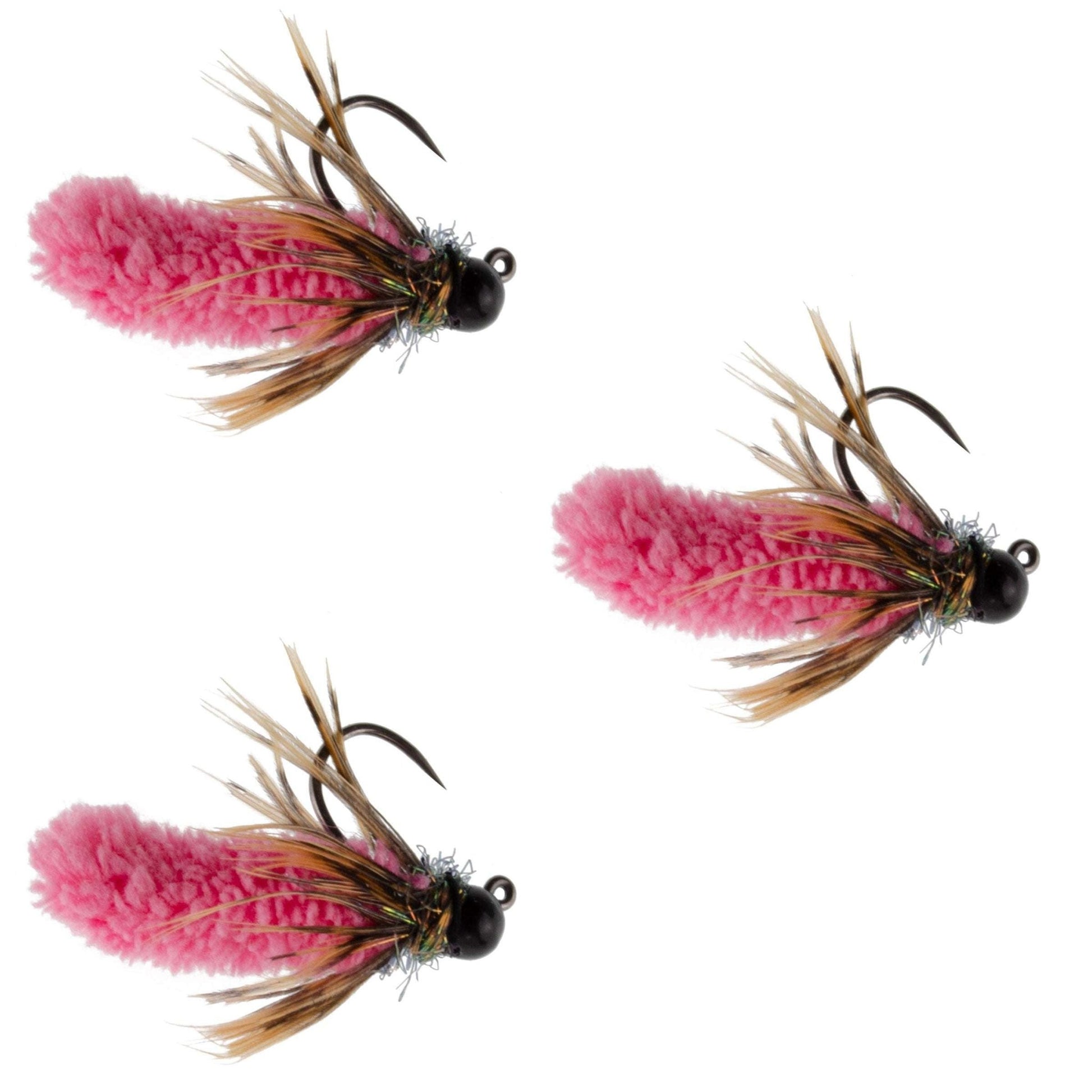 3 Pack Tungsten Bead Hot Pink Mop Fly Tactical Jig Czech Euro Nymph Barbless Fly - 3 Flies Size 14 - Hazy Fly Fishing
