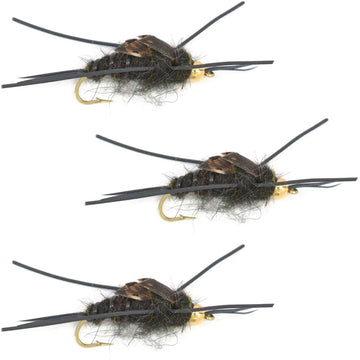 3 Pack Tungsten Bead Kaufmann's Black Stone Fly with Rubber Legs - Stonefly Wet Fly - Hook Size 12 - Hazy Fly Fishing