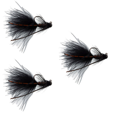 3 Pack Tungsten Bead Tactical Black Mini Bugger Czech Nymph Euro Nymphing Fly - 3 Flies Size 12 - Hazy Fly Fishing