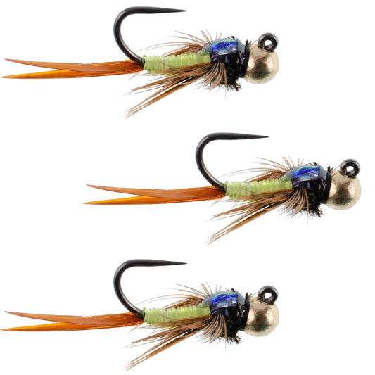 3 Pack Tungsten Bead Tactical Jig Copper John Chartreuse Czech Nymph Euro Nymphing Fly - Size 16 - Hazy Fly Fishing