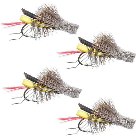 4 Pack Dave's Hopper Yellow Foam Body Grasshopper Fly - Hook Size 12 - Hazy Fly Fishing