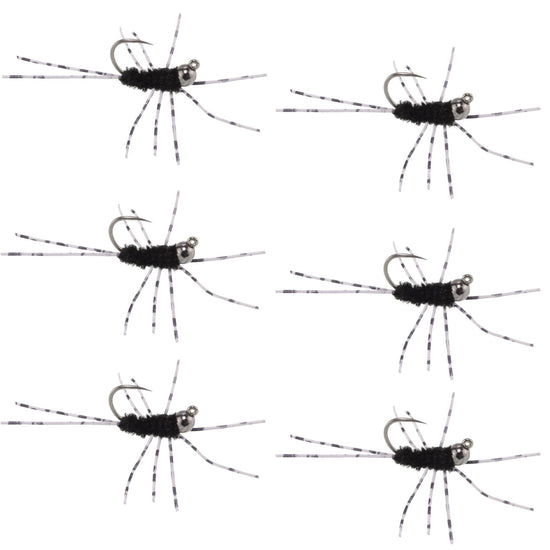 Barbless Pat's Barred Rubber Legs Tungsten Bead Jigged Black Euro Nymph - Set of 6 Flies Hook Size 6 - Hazy Fly Fishing