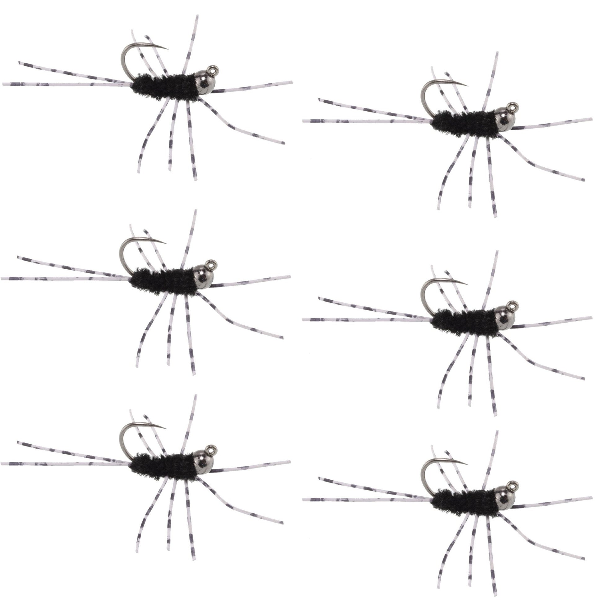 Barbless Pat's Barred Rubber Legs Tungsten Bead Jigged Black Euro Nymph - Set of 6 Flies Hook Size 6 - Hazy Fly Fishing