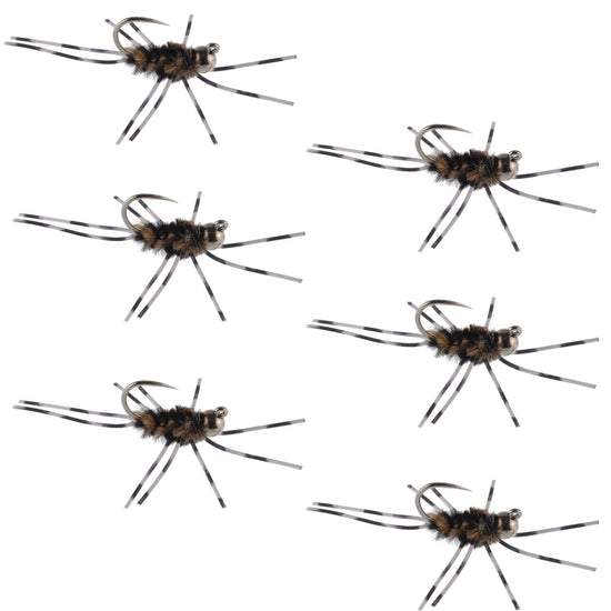 Barbless Pat's Barred Rubber Legs Tungsten Bead Jigged Coffee/Black Euro Nymph - Set of 6 Flies Hook Size 6 - Hazy Fly Fishing