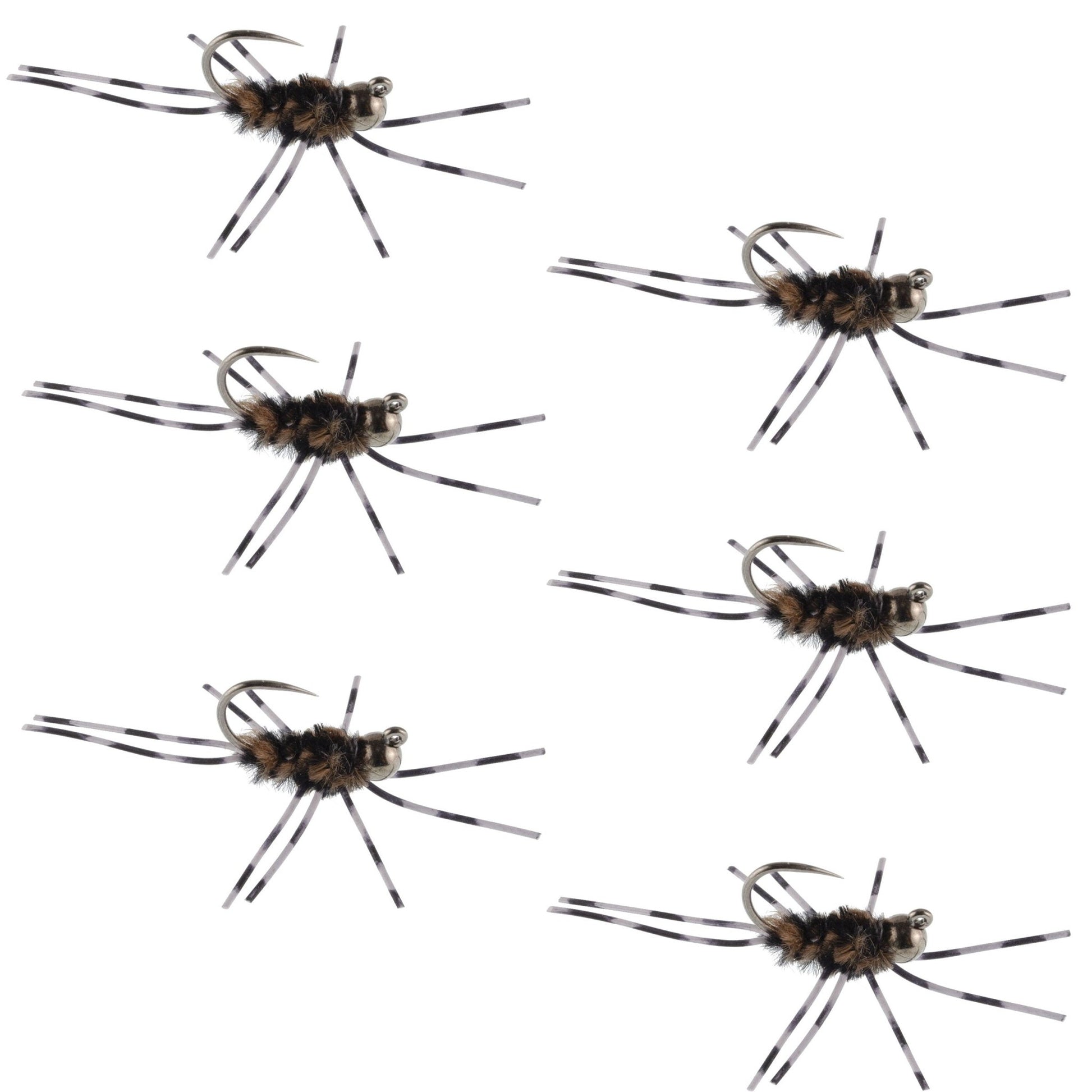 Barbless Pat's Barred Rubber Legs Tungsten Bead Jigged Coffee/Black Euro Nymph - Set of 6 Flies Hook Size 6 - Hazy Fly Fishing