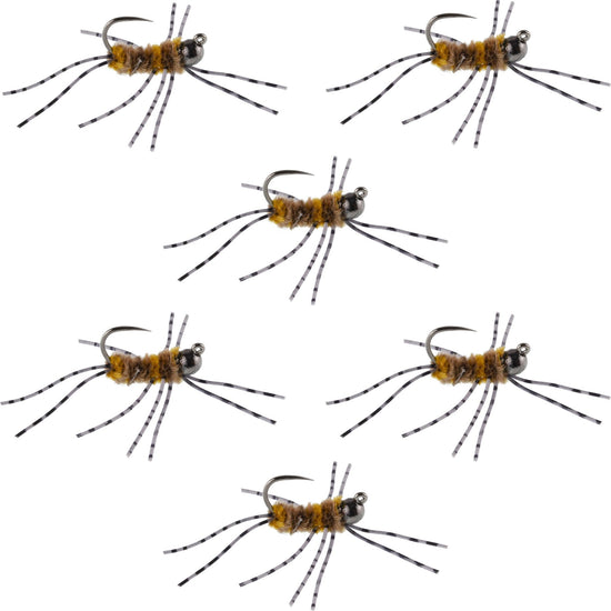 Barbless Pat's Barred Rubber Legs Tungsten Bead Jigged Coffee/Tan Euro Nymph - Set of 6 Flies Hook Size 6 - Hazy Fly Fishing