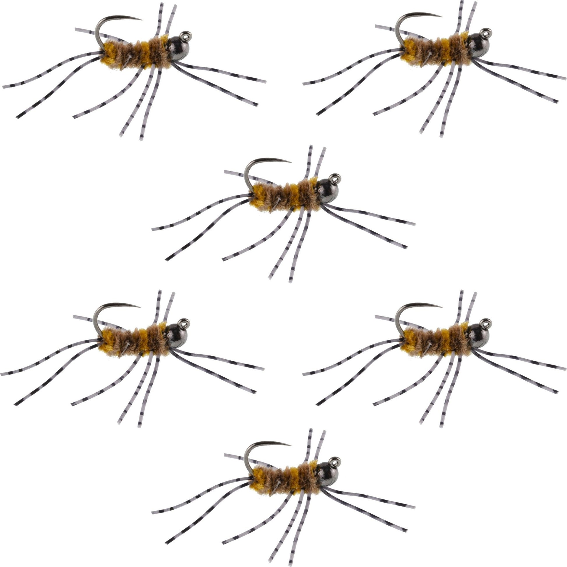 Barbless Pat's Barred Rubber Legs Tungsten Bead Jigged Coffee/Tan Euro Nymph - Set of 6 Flies Hook Size 6 - Hazy Fly Fishing