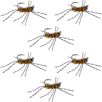 Barbless Pat's Barred Rubber Legs Tungsten Bead Jigged Coffee/Tan Euro Nymph - Set of 6 Flies Hook Size 6 - Hazy Fly Fishing