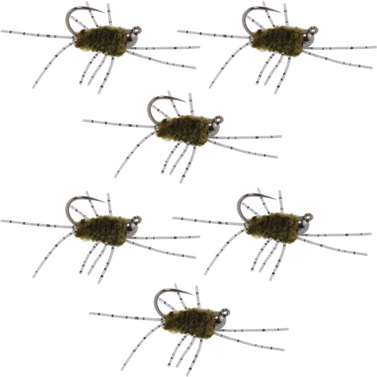 Barbless Pat's Barred Rubber Legs Tungsten Bead Jigged Dark Olive Euro Nymph - Set of 6 Flies Hook Size 6 - Hazy Fly Fishing