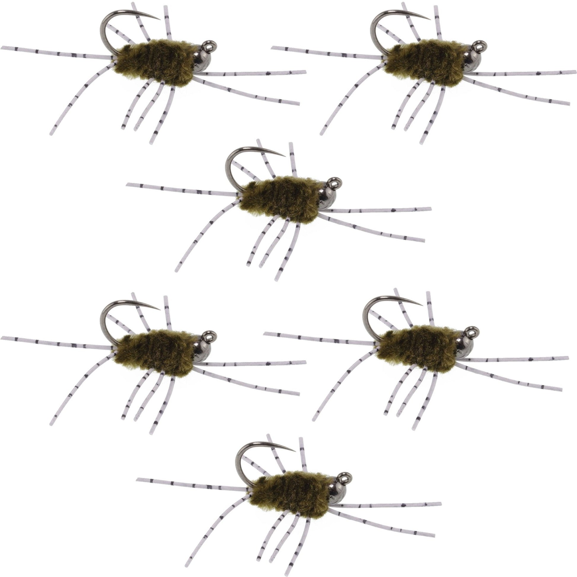 Barbless Pat's Barred Rubber Legs Tungsten Bead Jigged Dark Olive Euro Nymph - Set of 6 Flies Hook Size 6 - Hazy Fly Fishing