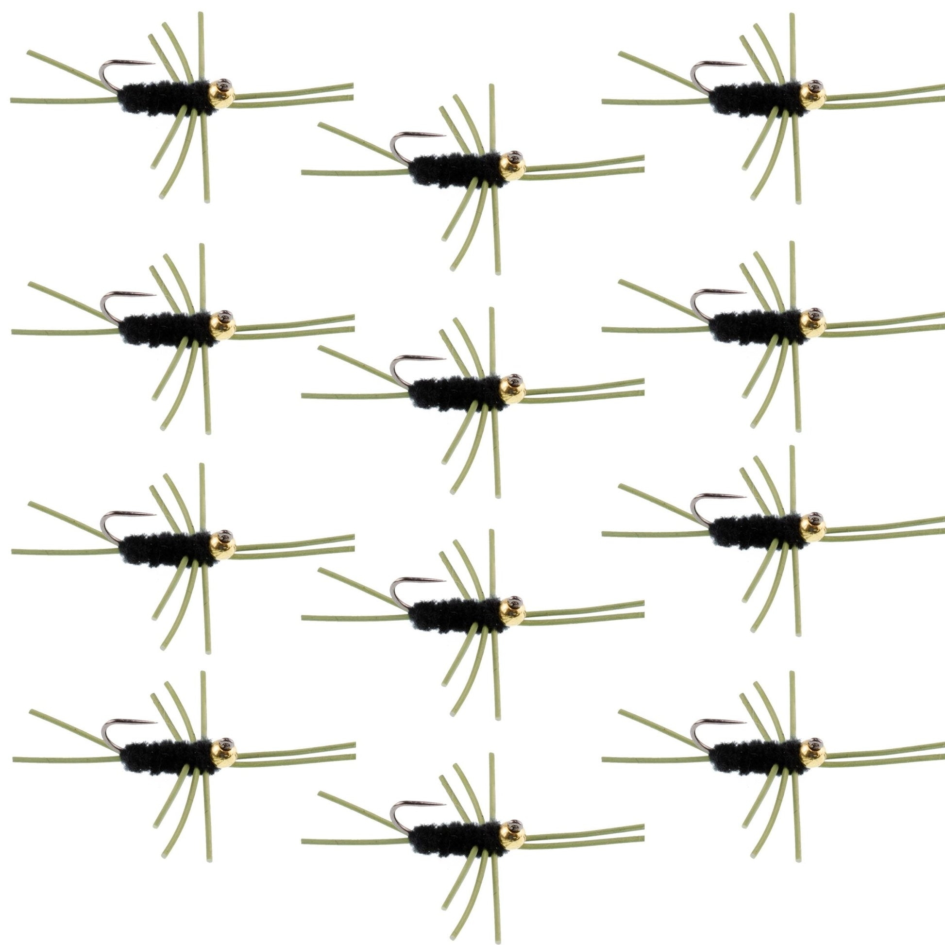 Barbless Pat's Rubber Legs Tungsten Bead Jigged Black Euro Nymph - Set of 12 Flies Hook Size 10 - Hazy Fly Fishing