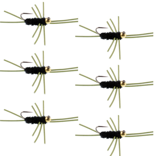 Barbless Pat's Rubber Legs Tungsten Bead Jigged Black Euro Nymph - Set of 6 Flies Hook Size 10 - Hazy Fly Fishing