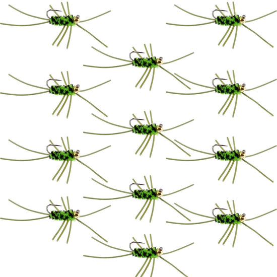 Barbless Pat's Rubber Legs Tungsten Bead Jigged Black/Chartreuse Euro Nymph - Set of 12 Flies Hook Size 10 - Hazy Fly Fishing