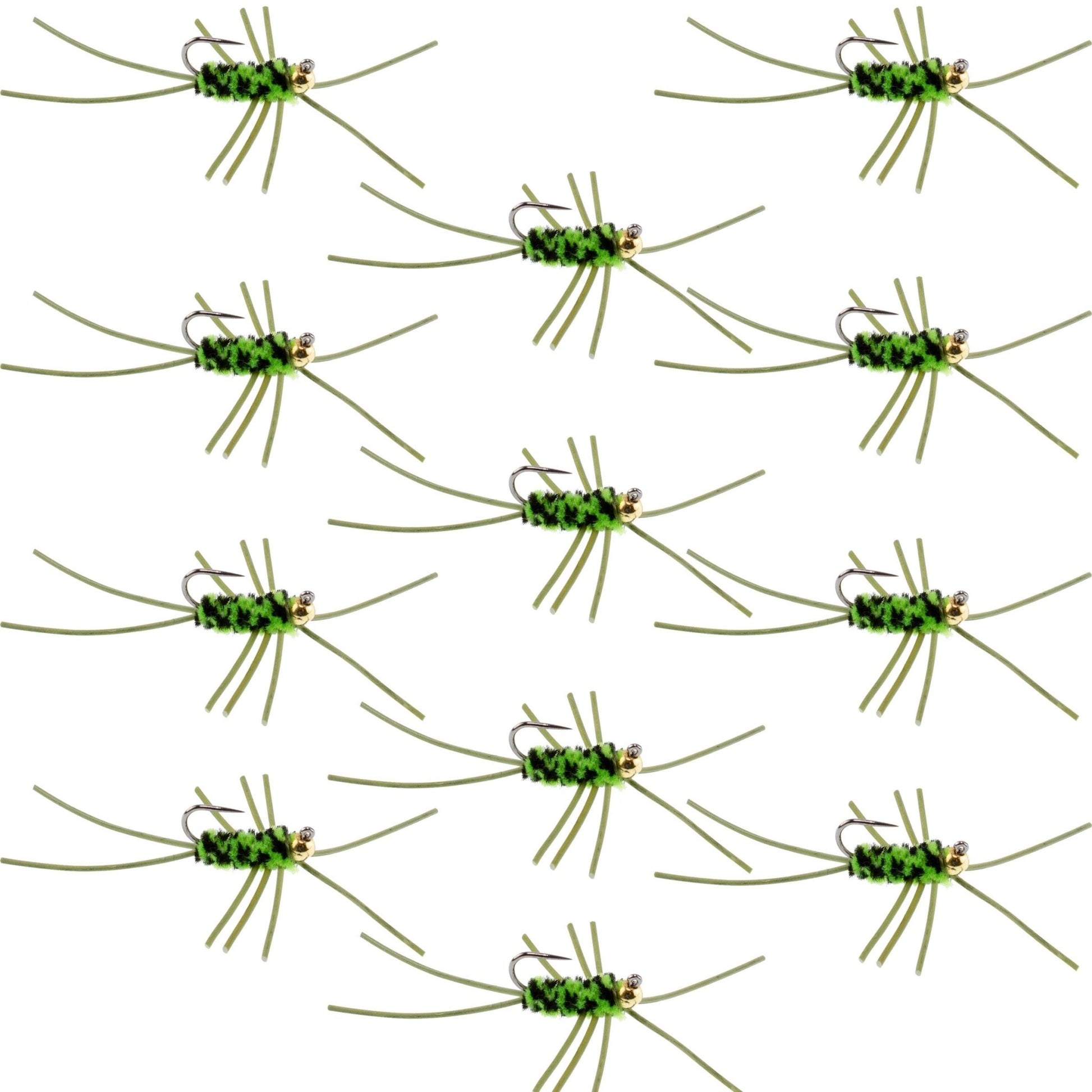 Barbless Pat's Rubber Legs Tungsten Bead Jigged Black/Chartreuse Euro Nymph - Set of 12 Flies Hook Size 10 - Hazy Fly Fishing
