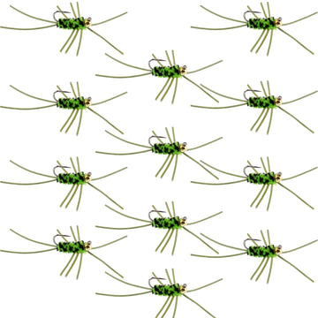 Barbless Pat's Rubber Legs Tungsten Bead Jigged Black/Chartreuse Euro Nymph - Set of 12 Flies Hook Size 10 - Hazy Fly Fishing