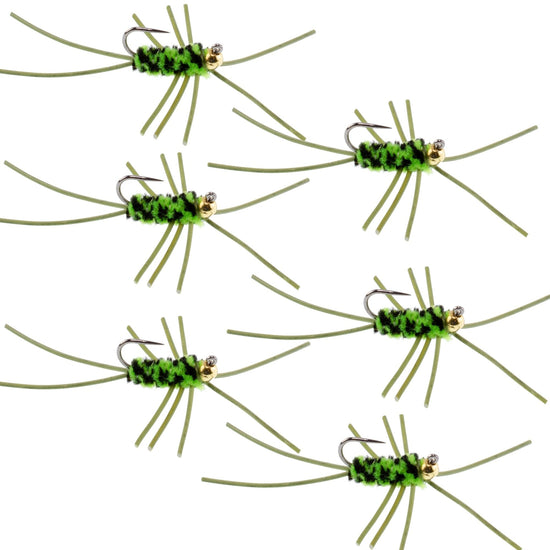 Barbless Pat's Rubber Legs Tungsten Bead Jigged Black/Chartreuse Euro Nymph - Set of 6 Flies Hook Size 10 - Hazy Fly Fishing