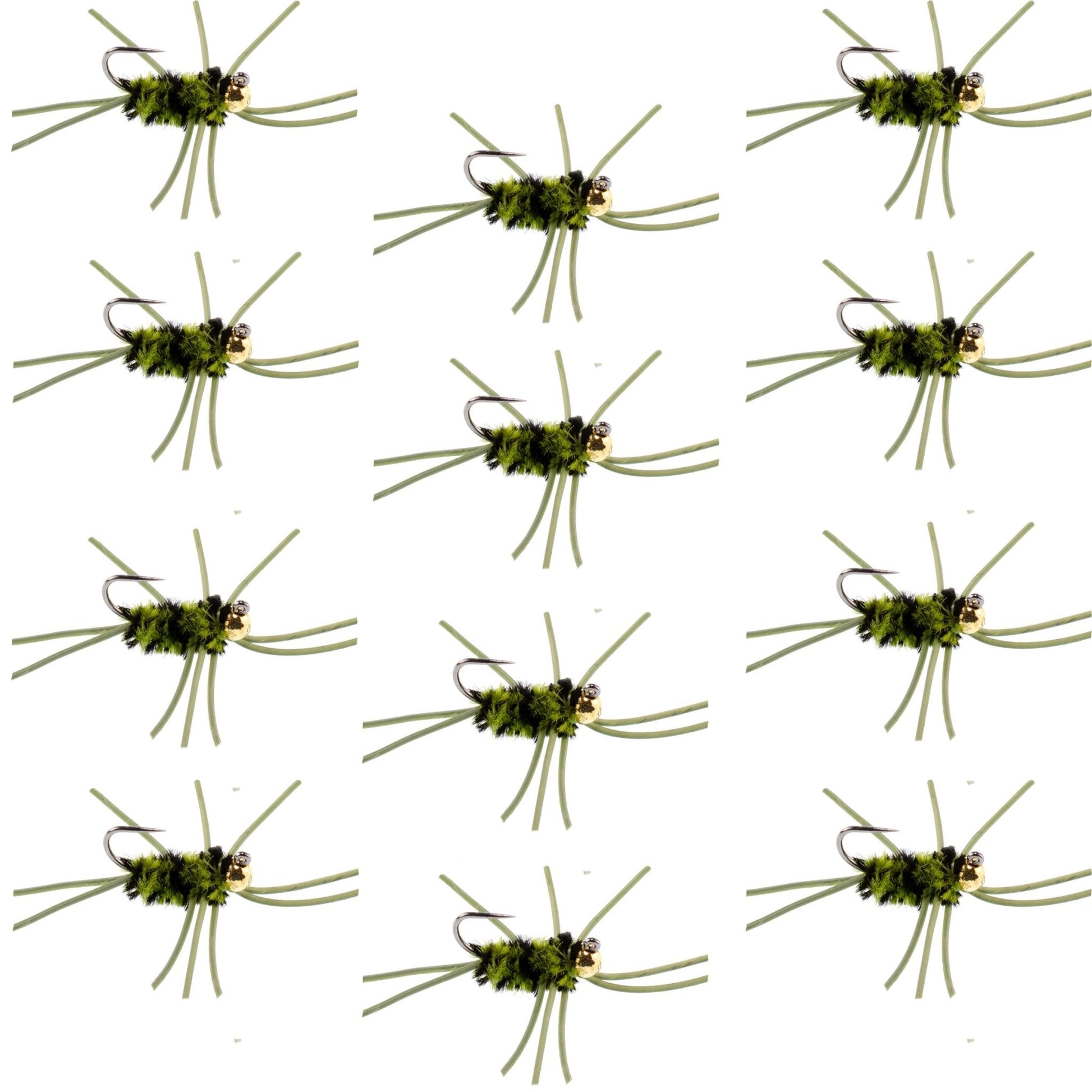 Barbless Pat's Rubber Legs Tungsten Bead Jigged Black/Olive Euro Nymph - Set of 12 Flies Hook Size 10 - Hazy Fly Fishing
