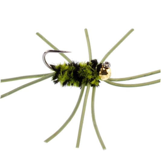 Barbless Pat's Rubber Legs Tungsten Bead Jigged Black/Olive Euro Nymph - Set of 12 Flies Hook Size 10 - Hazy Fly Fishing