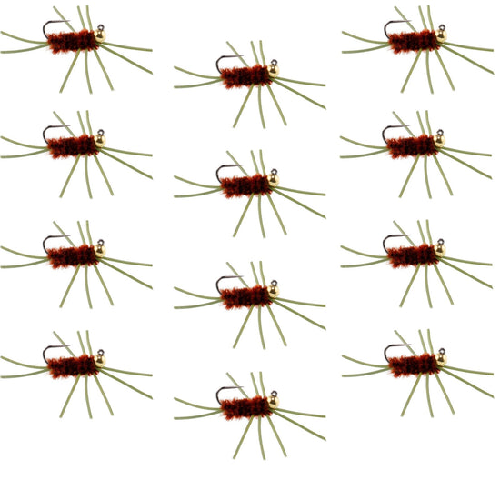 Barbless Pat's Rubber Legs Tungsten Bead Jigged Brown Euro Nymph - Set of 12 Flies Hook Size 10 - Hazy Fly Fishing