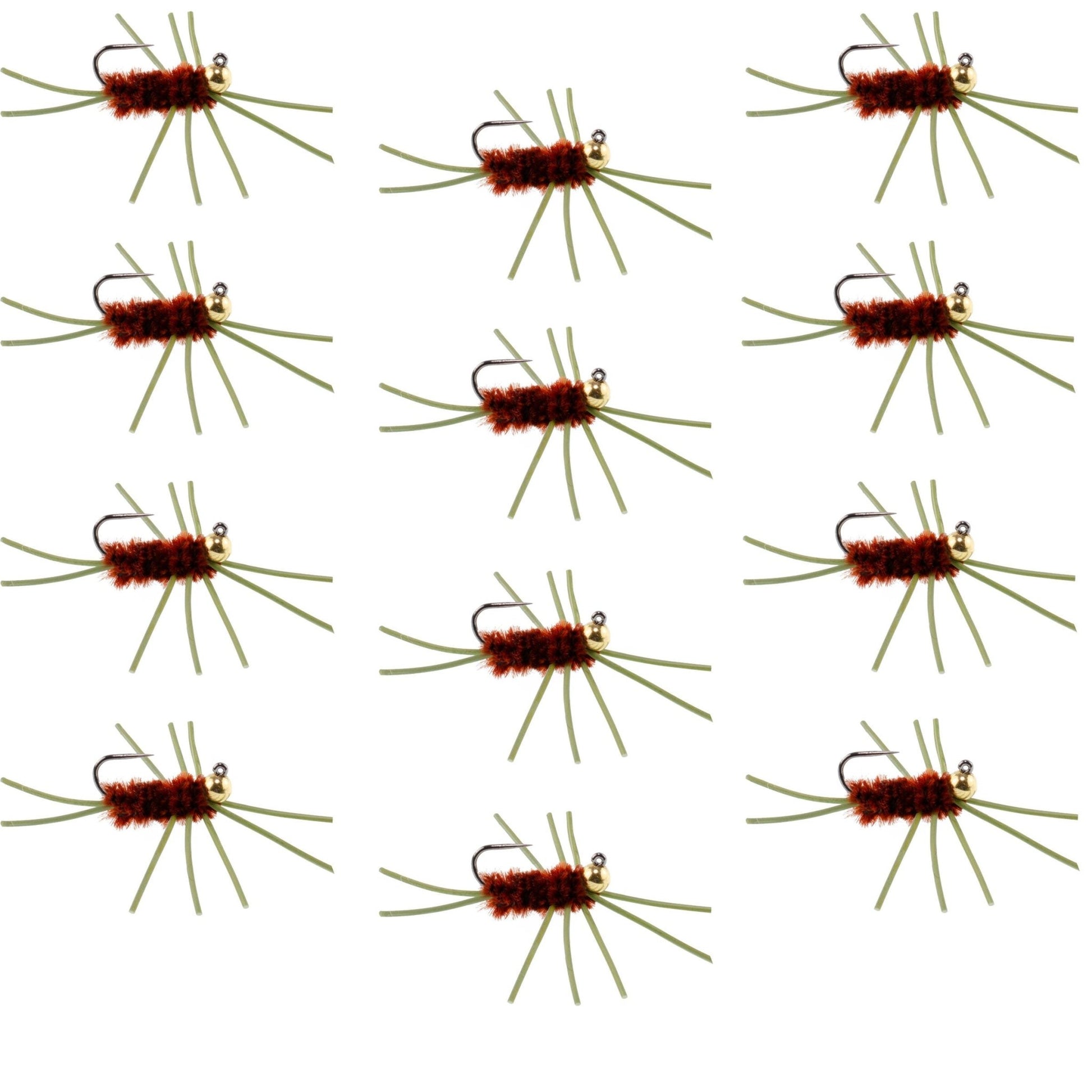 Barbless Pat's Rubber Legs Tungsten Bead Jigged Brown Euro Nymph - Set of 12 Flies Hook Size 10 - Hazy Fly Fishing
