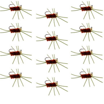 Barbless Pat's Rubber Legs Tungsten Bead Jigged Brown Euro Nymph - Set of 12 Flies Hook Size 10 - Hazy Fly Fishing