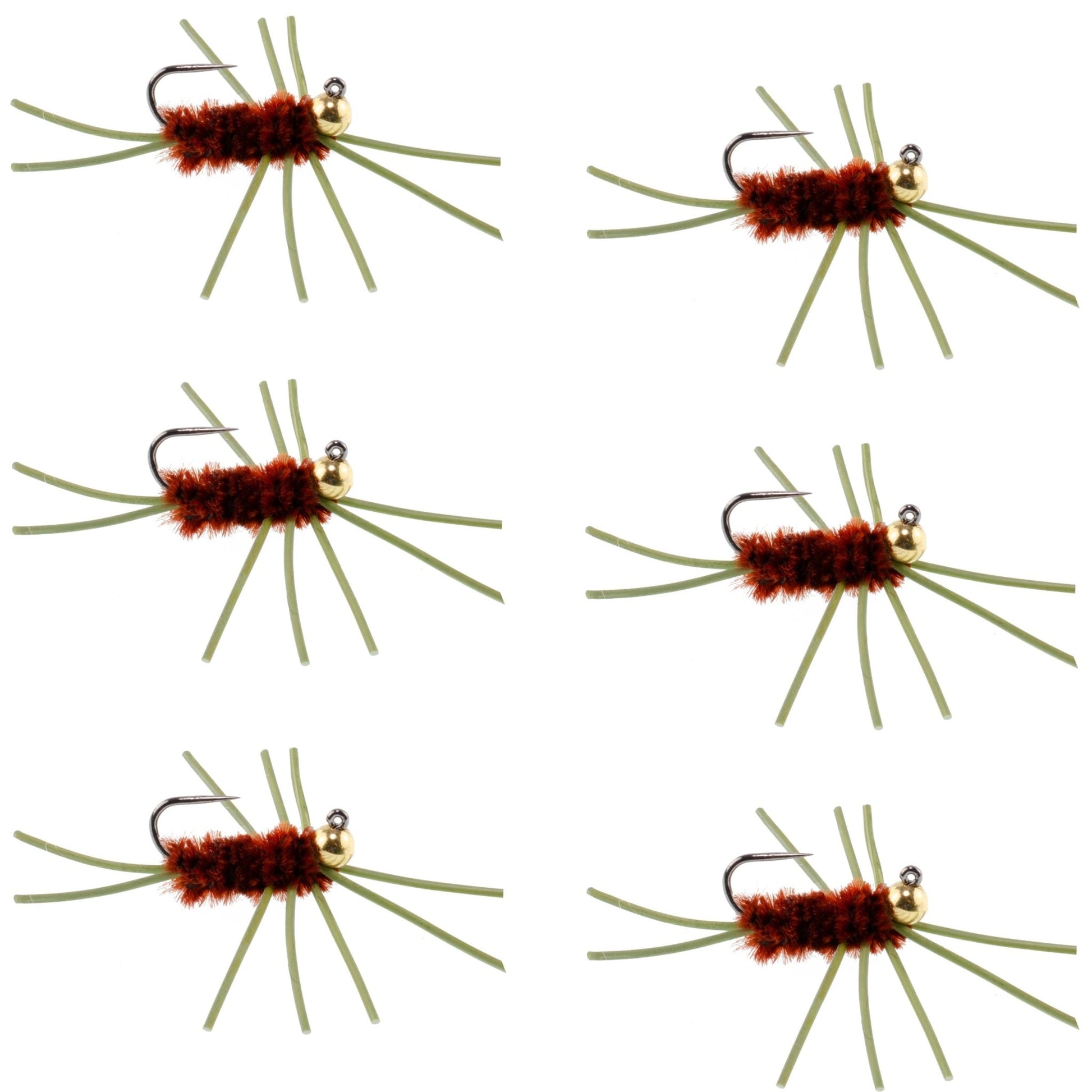 Barbless Pat's Rubber Legs Tungsten Bead Jigged Brown Euro Nymph - Set of 6 Flies Hook Size 10 - Hazy Fly Fishing