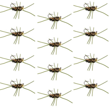 Barbless Pat's Rubber Legs Tungsten Bead Jigged Coffee/Black Euro Nymph - Set of 12 Flies Hook Size 10 - Hazy Fly Fishing