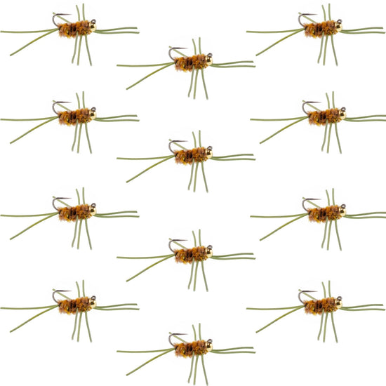 Barbless Pat's Rubber Legs Tungsten Bead Jigged Coffee/Tan Euro Nymph - Set of 12 Flies Hook Size 10 - Hazy Fly Fishing