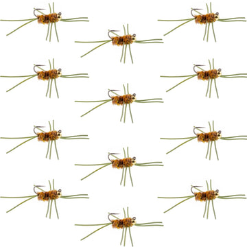 Barbless Pat's Rubber Legs Tungsten Bead Jigged Coffee/Tan Euro Nymph - Set of 12 Flies Hook Size 10 - Hazy Fly Fishing